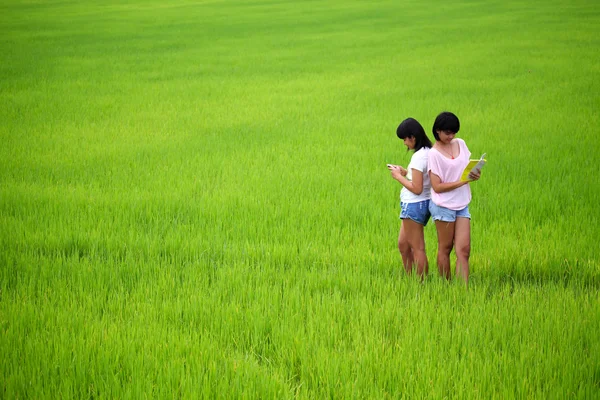 Deux jeunes sœurs lisant un livre dans la rizière — Photo