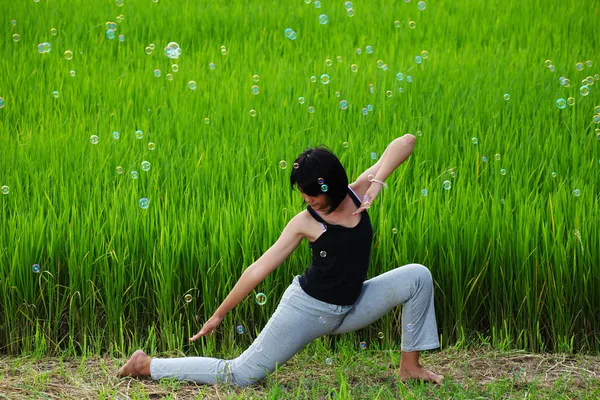 Chica practicando yoga en el arrozal —  Fotos de Stock