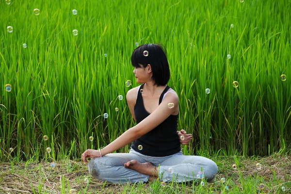 Ragazza che pratica yoga in campo risaia — Foto Stock
