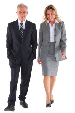 Businessman and businesswoman walking clipart