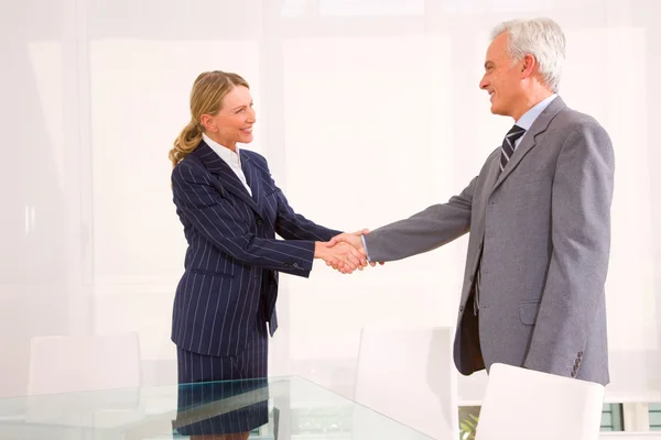 Empresario y mujer de negocios se encuentran y estrechan la mano — Foto de Stock