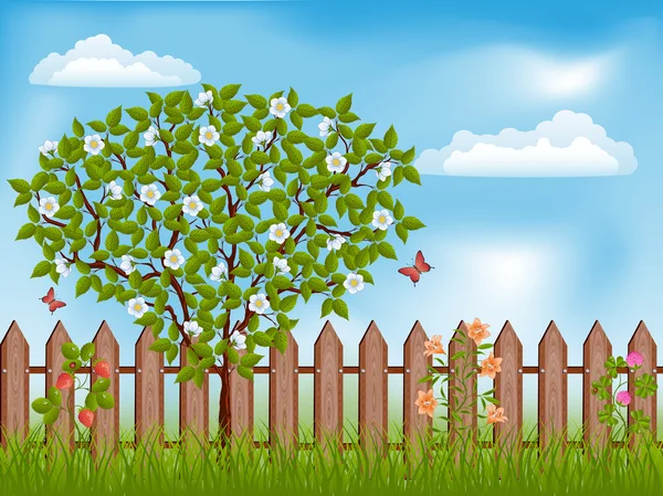 Paesaggio naturale con un albero — Vettoriale Stock