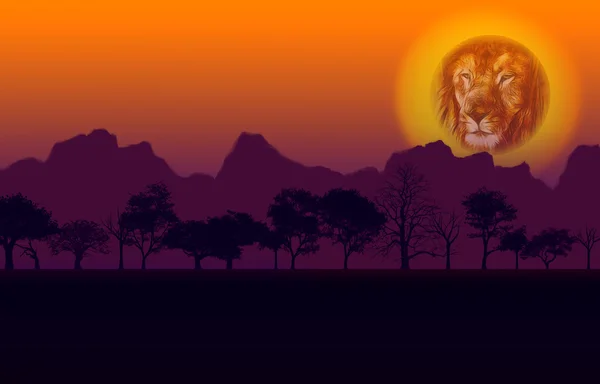 León y montaña africanos al atardecer — Foto de Stock