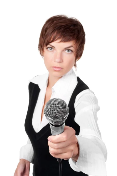 Journalist with microphone — Stock Photo, Image