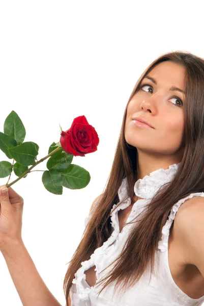 Vrouw met rood roze bloem in de hand — Stockfoto