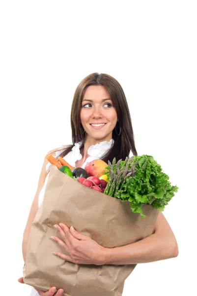 Vejetaryen yiyecekler dolu bir alışveriş tutan kadın çanta — Stok fotoğraf