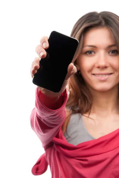 Yeni dokunmatik telefon cep telefonu görüntüsünü gösteren kadın — Stok fotoğraf