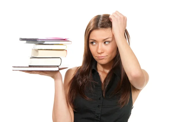 Gelangweilte Gymnasiastin oder College-Mädchen lesen Studentenbuch — Stockfoto