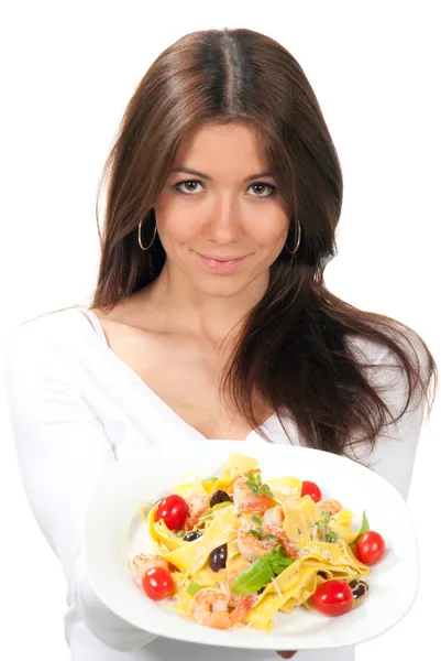 意大利面食的健康食品概念女人 — 图库照片