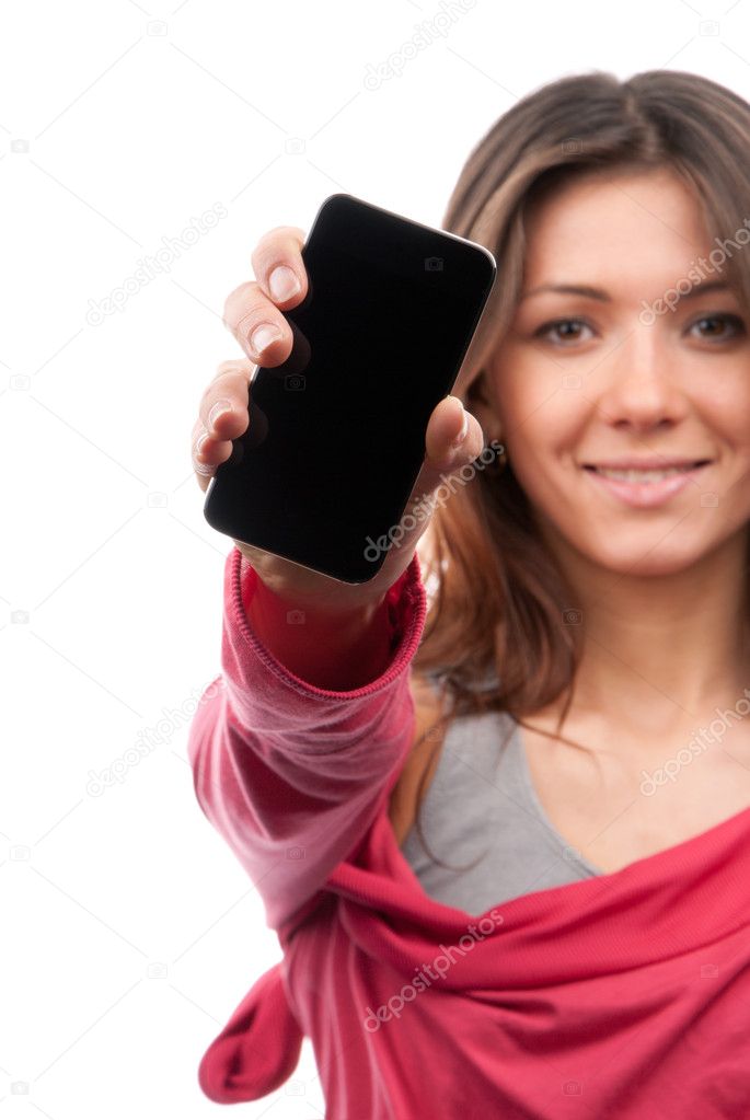 Woman Showing display of her new touch mobile cell phone