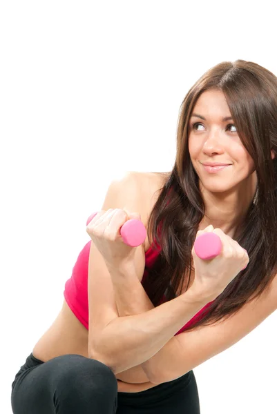 Fitness vrouw uitwerkt met blauwe halters gewichten — Stockfoto