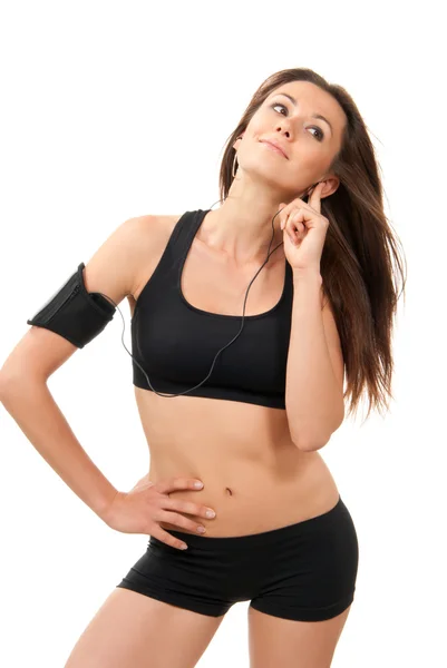 Fitness gyönyörű vékony barna sport nő zene hallgatása — Stock Fotó
