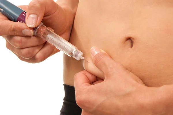 Iabetes dependent patient injecting human insulin shot by syring — Stock Photo, Image