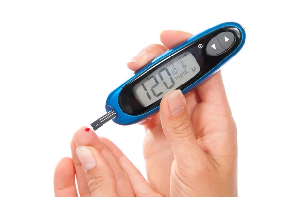 Diabetes bloedglucose niveau bloedtest meten — Stockfoto