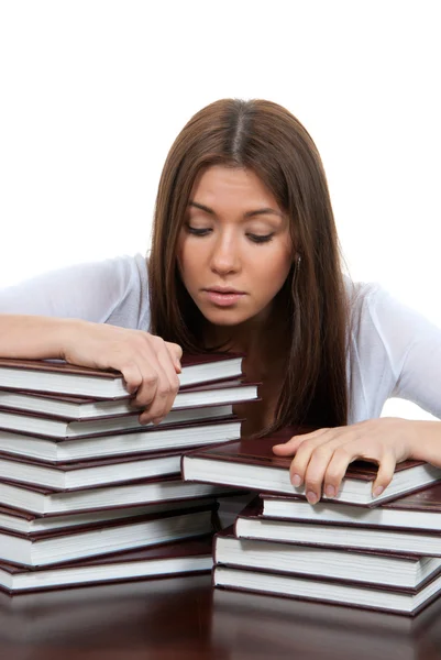 Bored High school or college girl reading student book — Stock Photo, Image