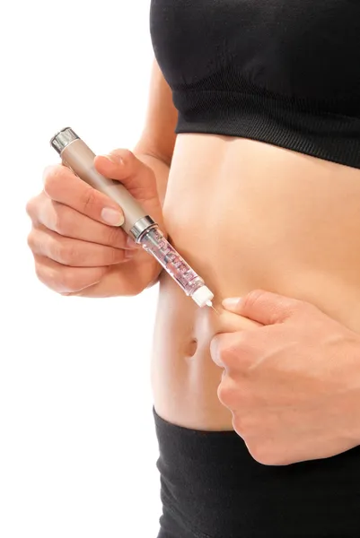 Diabetes dependent patient injecting human insulin shot — Stock Photo, Image