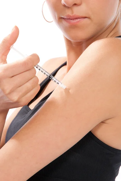 Diabetes dependent female doing human insulin vaccination shot b — Stock Photo, Image