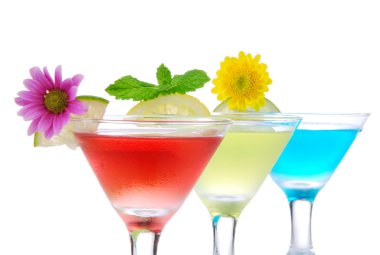 Cocktails martini row with vodka, light rum, gin, tequila clipart