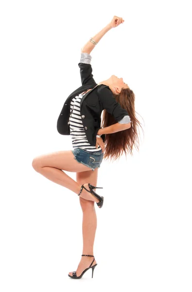 Beautiful full body brunette woman dancing winning pose — Stock Photo, Image