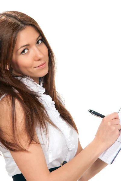 Γυναίκα των επιχειρήσεων γραφής με το στυλό στο χέρι p διοργανωτής σημειωματάριο — Φωτογραφία Αρχείου