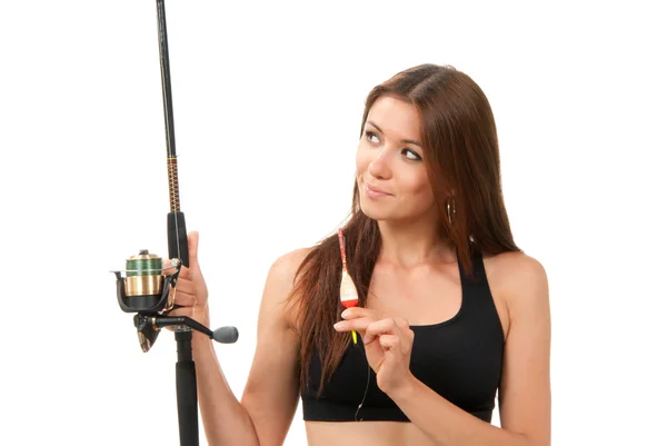 Woman Fishing pole rod with reel and a float in hands on a white — Stock Photo, Image