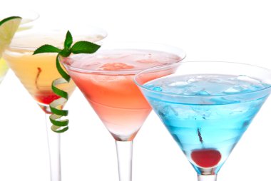 Martini alcohol cocktails in row blue hawaiian, tequila sunrise clipart