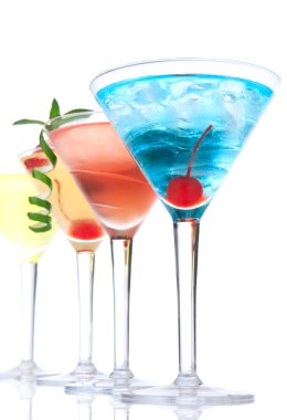 Martini alcohol cocktails in row blue hawaiian, tequila sunrise clipart