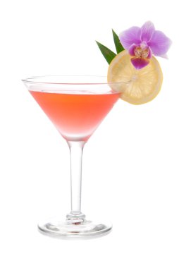 Red alcohol cosmopolitan cocktail decorated with citrus and orch clipart