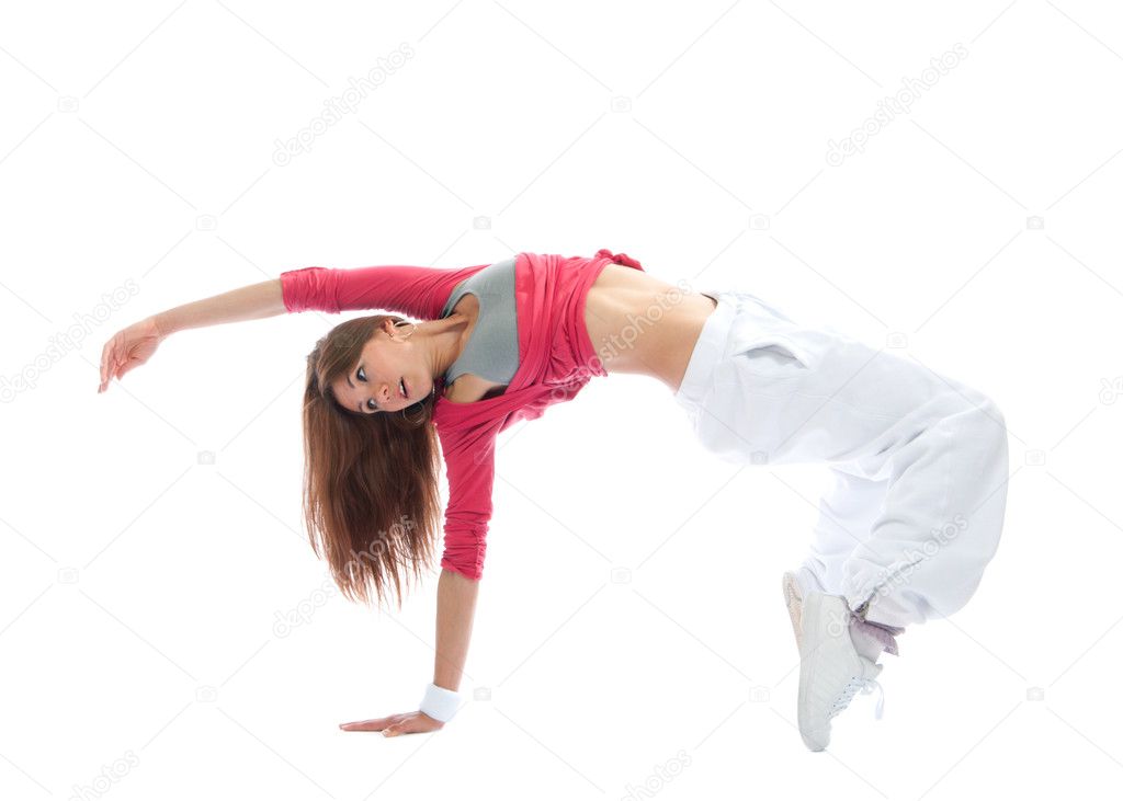 New pretty modern slim hip-hop style woman dancer break dancing