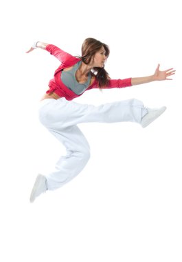 Pretty modern slim hip-hop style woman dancer jumping and dancin clipart