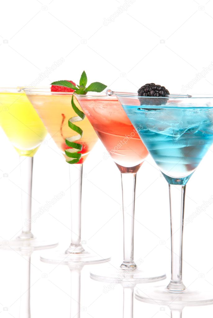 Martini alcohol cocktails in row blue hawaiian