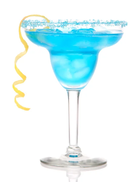 Blue Margarita cocktail with lemon twist in chilled salt rimmed — Stock Photo, Image