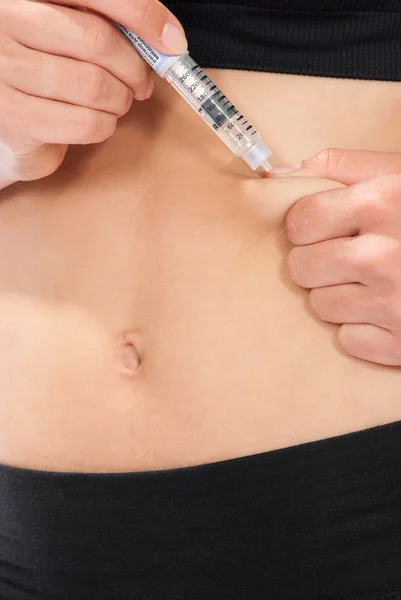 Insulin shot by single use syringe pen with with dose of humalo — Stock Photo, Image
