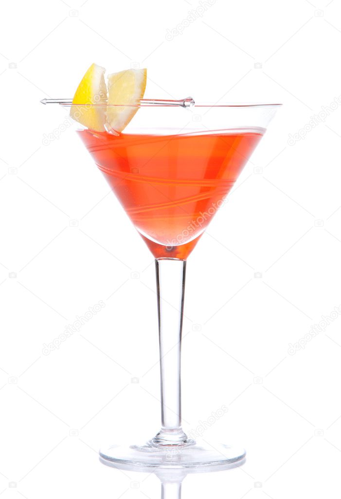 Cosmopolitan cocktail decorated with citrus lemon in martini coc