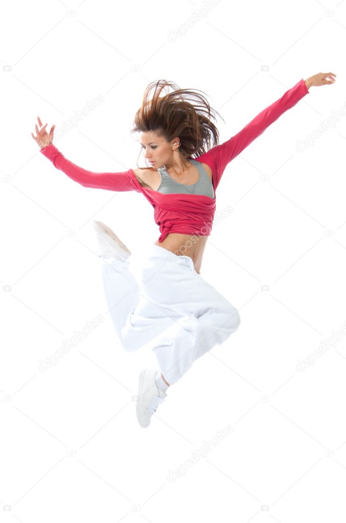 Modern slim hip-hop style woman dancer jumping and dancing