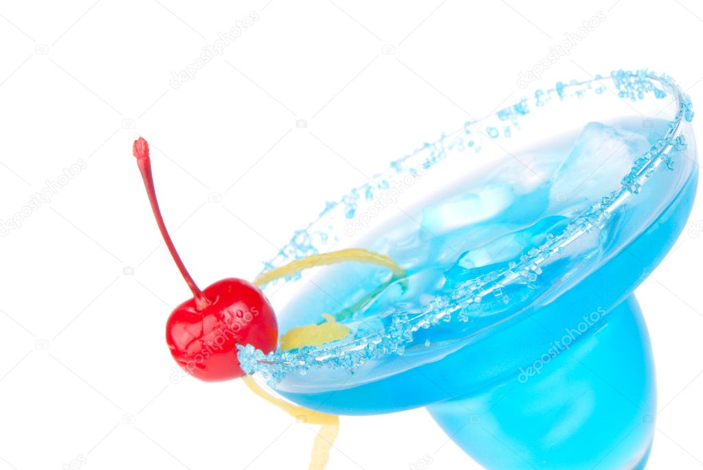 Blue Margarita cocktail drink with lemon twist cherry