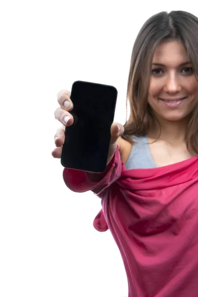 Γυναίκα που δείχνει η οθόνη του το νέο αφής κινητό τηλέφωνο κυττάρων — Φωτογραφία Αρχείου