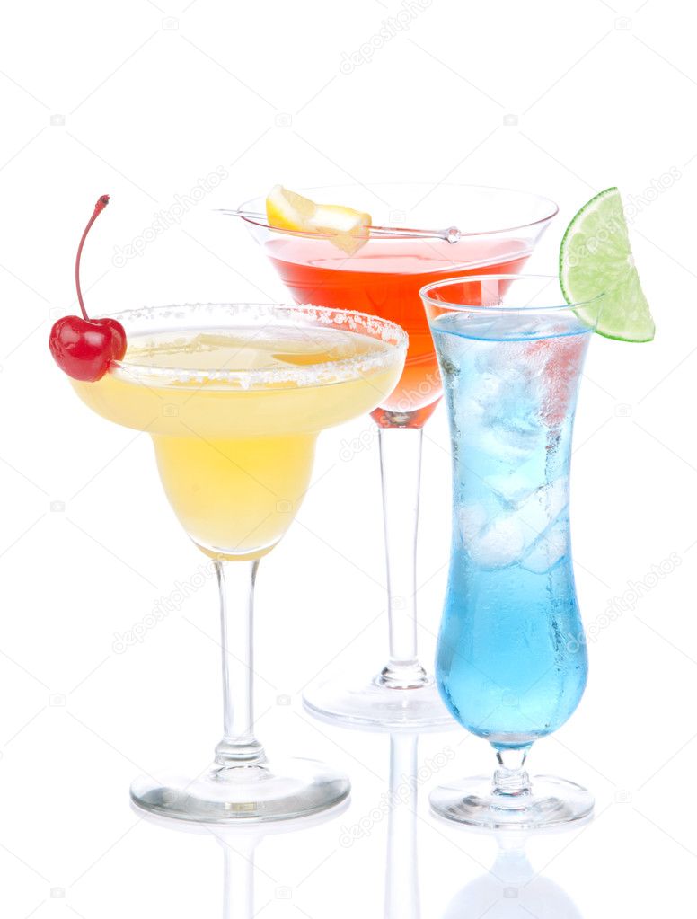 Margarita tropical cocktail, Long island iced tea, red martini c