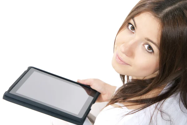 Mulher segurando na mão novo tablet eletrônico touch pad — Fotografia de Stock