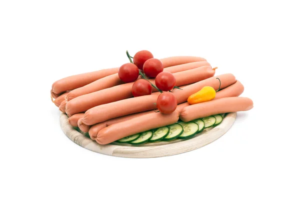 stock image Delicious sausages, served on platter, decorated with vegetables