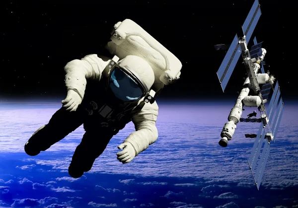 惑星の背景に宇宙飛行士 — ストック写真