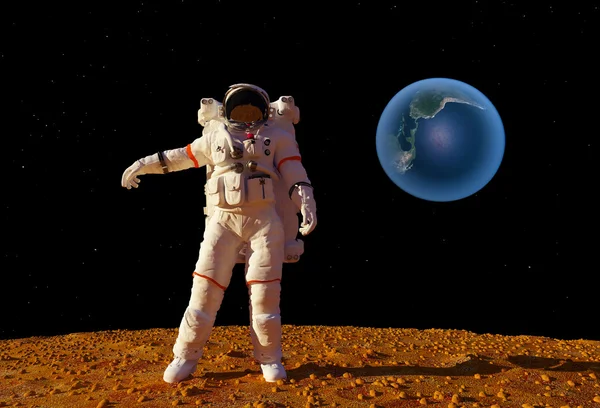 惑星の背景にある宇宙飛行士. — ストック写真