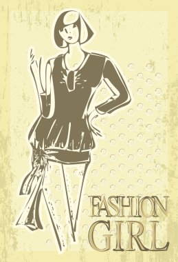 Beautiful fashionable woman over vintage background. clipart