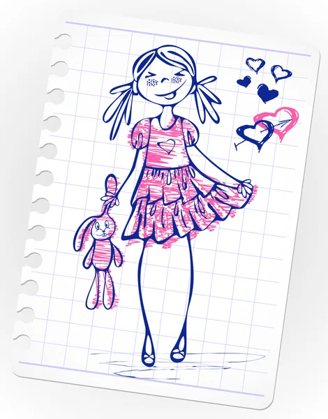 Handritade mode leende flicka med leksak på en rosa klänning — Stock vektor