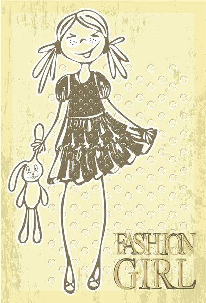 Retro cute smile girl. Vintage hand drawn fashion doodles — Stock Vector