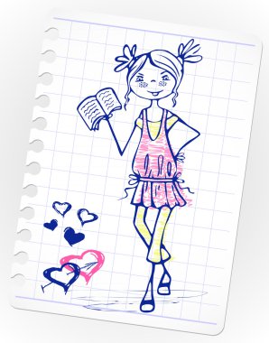 Girl in a pink dress reading book. sketch school cute girl clipart