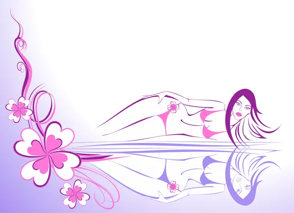 Szexi lány a bikini, a rózsaszín virágok, kék háttérrel — Stock Vector