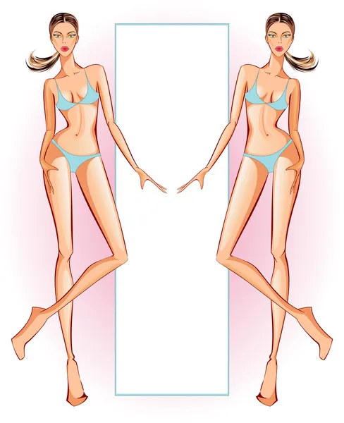Vektor bakgrund med två garvade flickor i bikini — Stock vektor