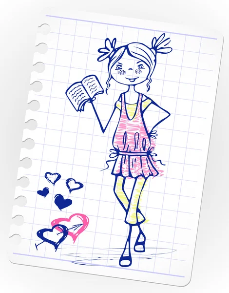 Mädchen im rosa Kleid liest Buch. Skizze Schule nettes Mädchen — Stockvektor