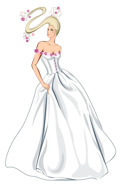 Schöne Braut im Brautkleid mit Blumen — Stockvektor
